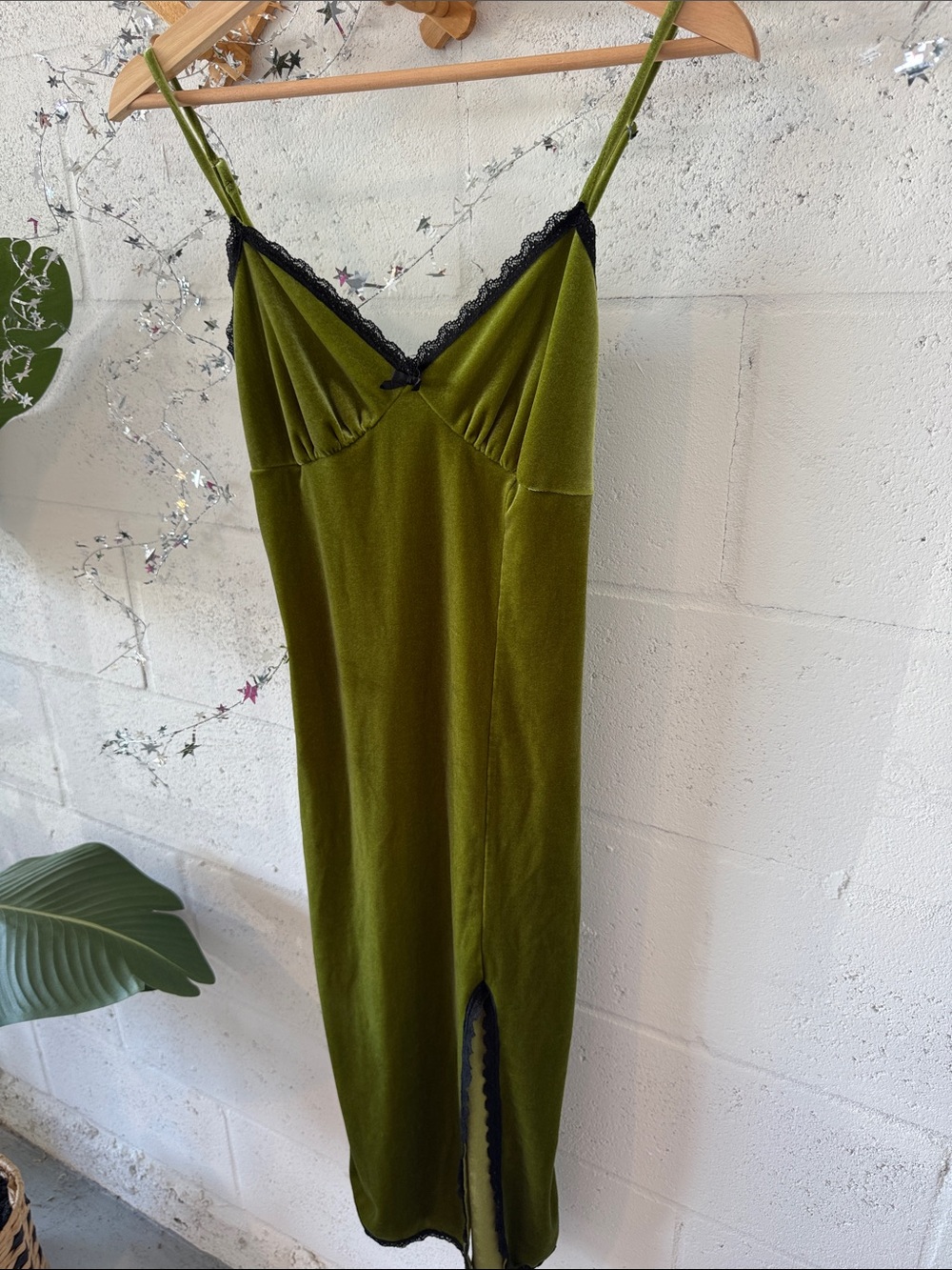 Olive Green Grunge Velvet Slip Dress with Black Lace Trim